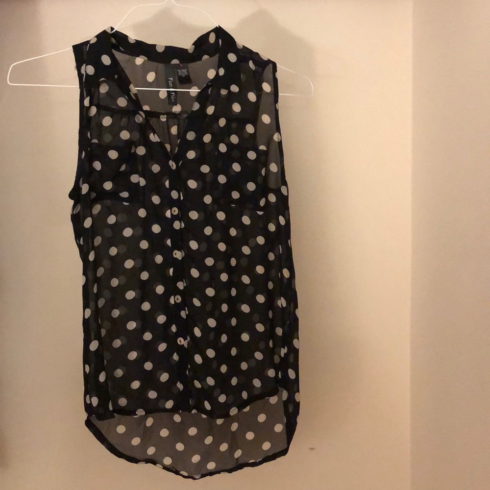 Sheer Button Up Sleeveless Polka Dot Blouse